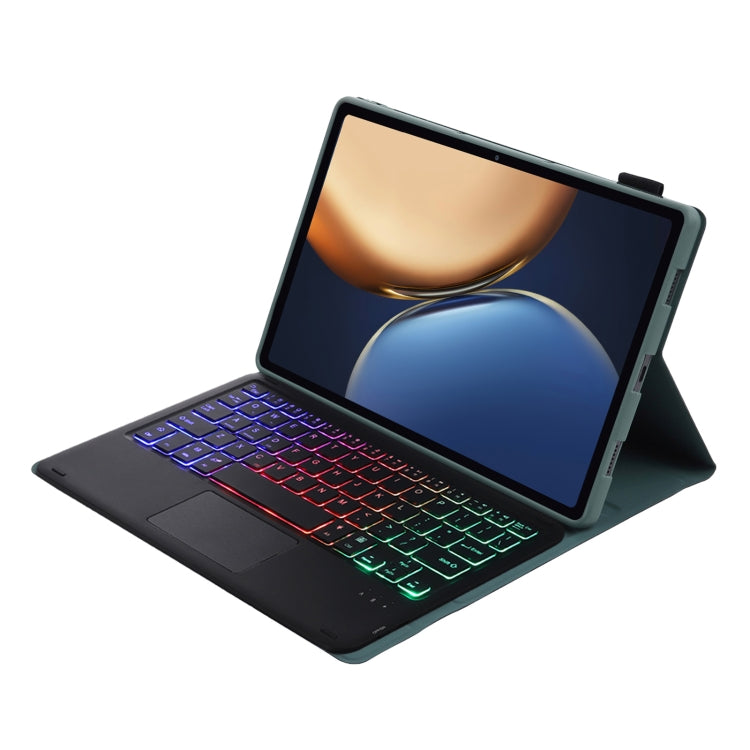 AHV7-AS Lambskin Texture Tri-color Backlight Bluetooth Keyboard Leather Tablet Case with Touchpad For Honor Tablet V7 Pro(Dark Green)