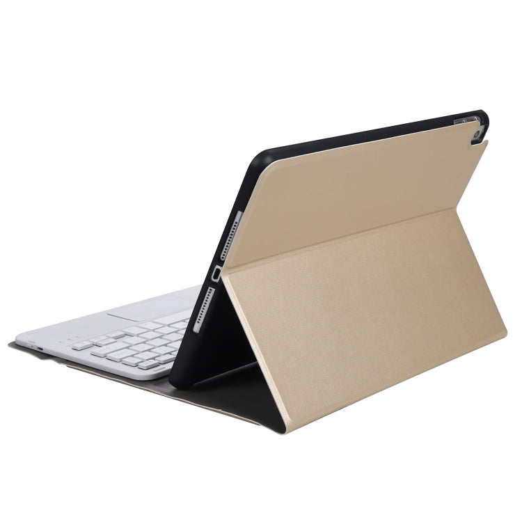 A07B-A Lambskin Texture Square Keycap Bluetooth Keyboard Leather Case with Touch Control For iPad 9.7 2018 & 2017 / Pro 9.7 inch / Air 2(Gold)