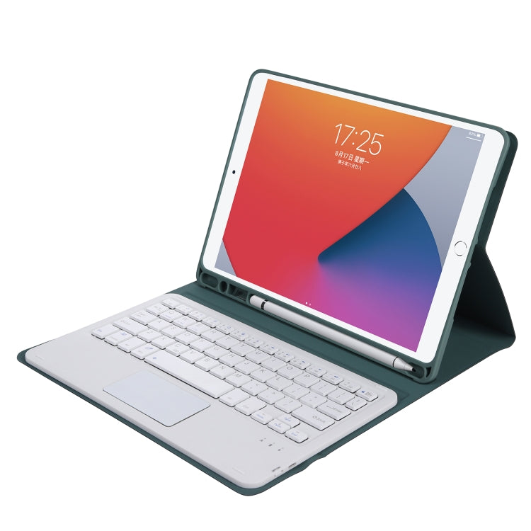 A07B-A Lambskin Texture Square Keycap Bluetooth Keyboard Leather Case with Touch Control For iPad 9.7 2018 & 2017 / Pro 9.7 inch / Air 2(Dark Green)