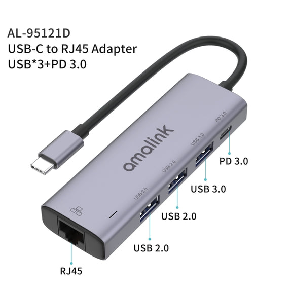 amalink 95121D Type-C / USB-C to RJ45 + 3 Ports USB + PD 3.0 Multi-function HUB(Grey)