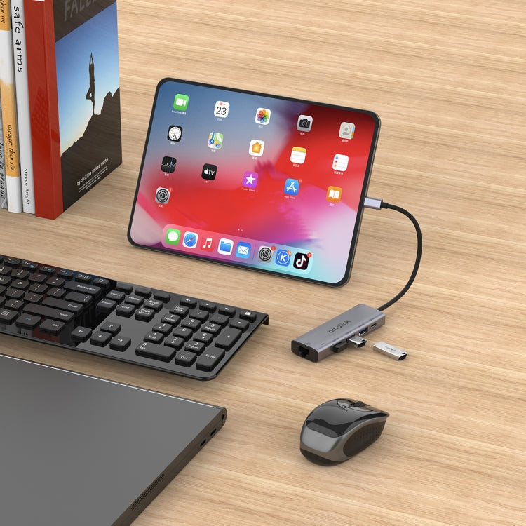 amalink 95121D Type-C / USB-C to RJ45 + 3 Ports USB + PD 3.0 Multi-function HUB(Grey)
