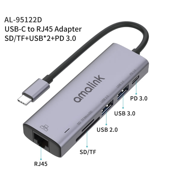 amalink 95122D Type-C / USB-C to RJ45 + 2 Ports USB + PD 3.0 Multi-function HUB(Grey)