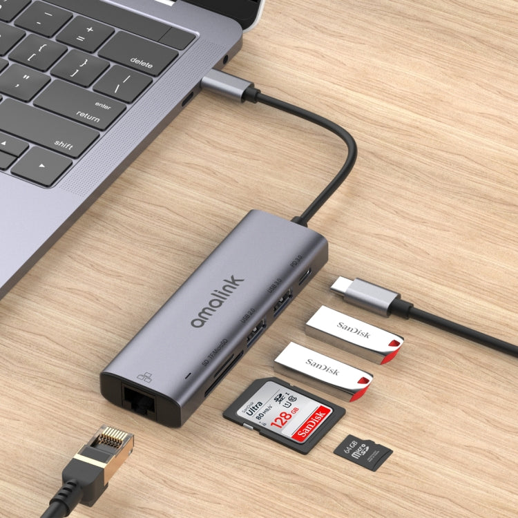 amalink 95122D Type-C / USB-C to RJ45 + 2 Ports USB + PD 3.0 Multi-function HUB(Grey)
