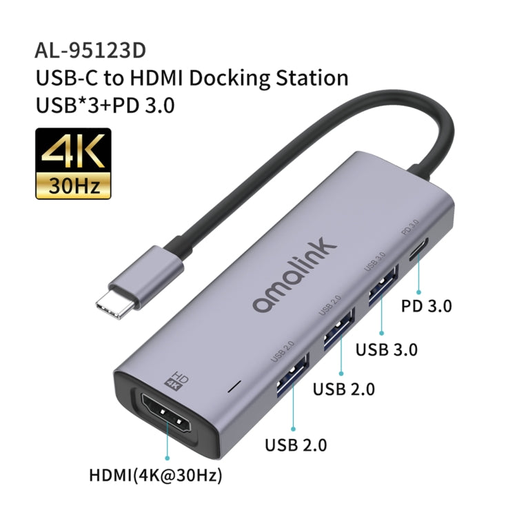 amalink 95123D Type-C / USB-C to HDMI + 3 Ports USB + PD 3.0 Multi-function HUB(Grey)
