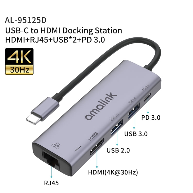amalink 95125D Type-C / USB-C to HDMI + RJ45 + 2 Ports USB + PD 3.0 Multi-function HUB(Grey)