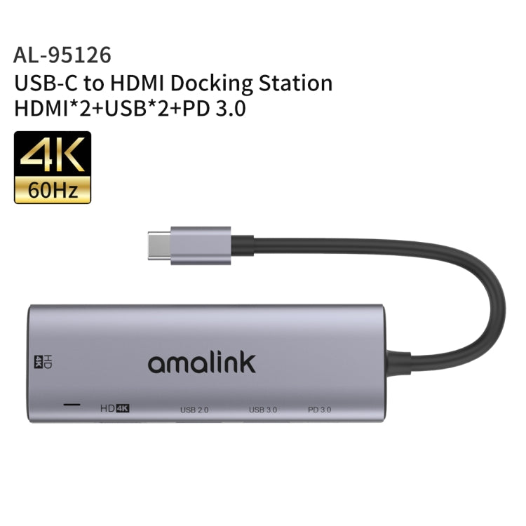 amalink 95126 Type-C / USB-C to Dual HDMI + 2 Ports USB + PD 3.0 Multi-function HUB(Grey)