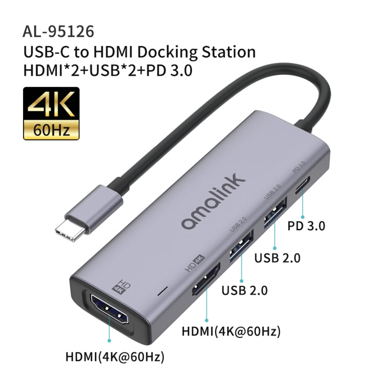 amalink 95126 Type-C / USB-C to Dual HDMI + 2 Ports USB + PD 3.0 Multi-function HUB(Grey)