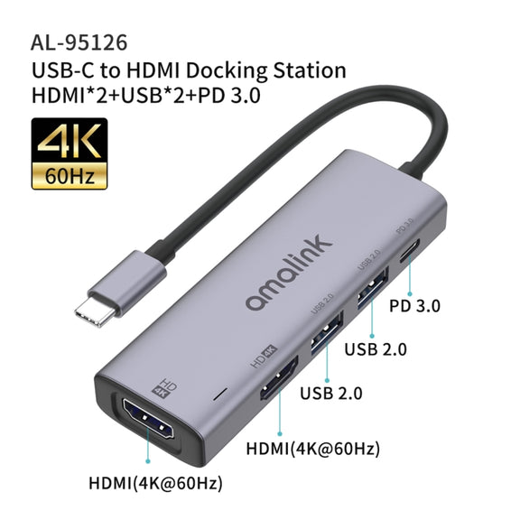 amalink 95126 Type-C / USB-C to Dual HDMI + 2 Ports USB + PD 3.0 Multi-function HUB(Grey)