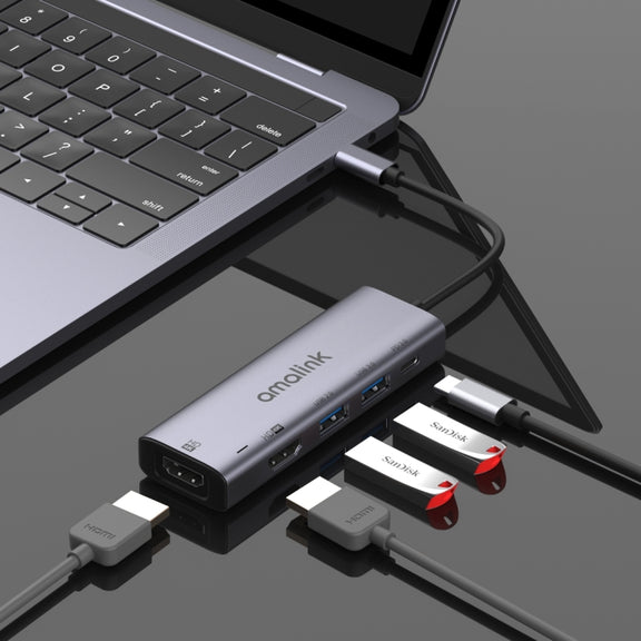 amalink 95126 Type-C / USB-C to Dual HDMI + 2 Ports USB + PD 3.0 Multi-function HUB(Grey)