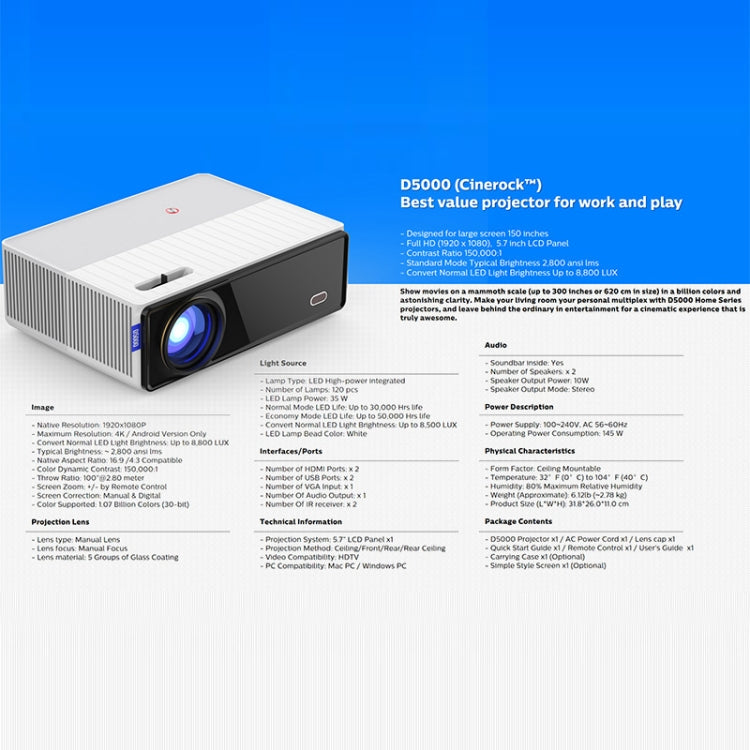 VIVIBRIGHT D5000 1920x1080P 420ANSI 6000Lumens LCD + LED HD Digital Projector, Basic Version EU Plug