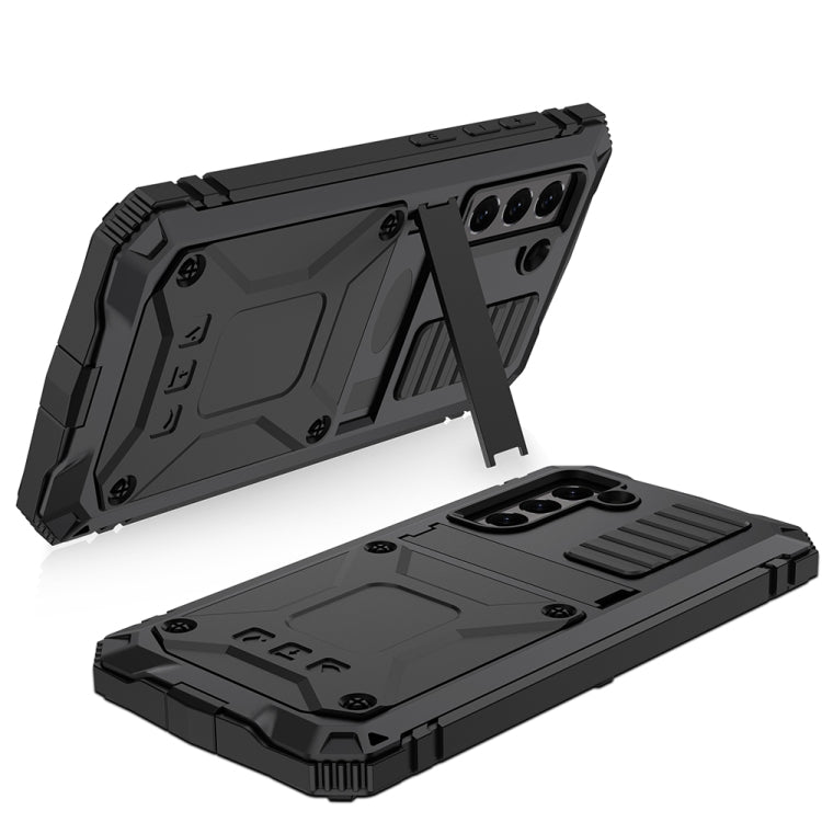 For Samsung Galaxy S21 FE R-JUST Rugged Phone Case with Holder(Black)