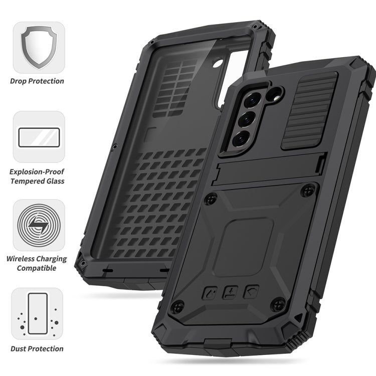 For Samsung Galaxy S21 FE R-JUST Rugged Phone Case with Holder(Black)