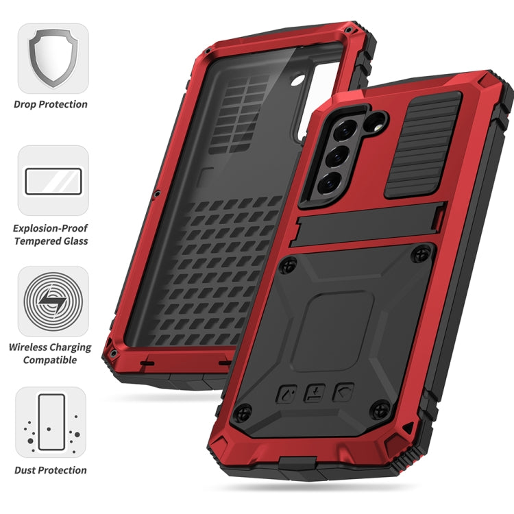 For Samsung Galaxy S21 FE R-JUST Rugged Phone Case with Holder(Red)