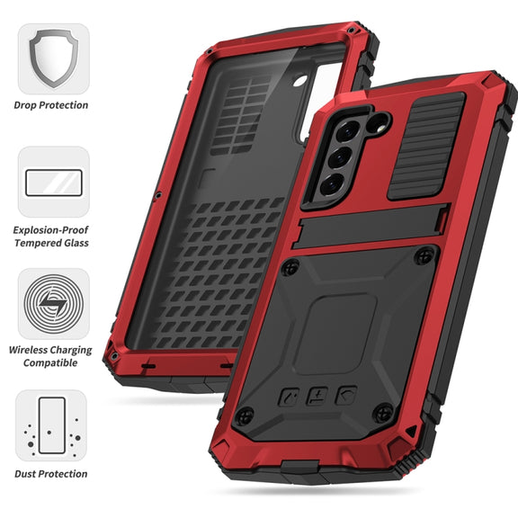 For Samsung Galaxy S21 FE R-JUST Rugged Phone Case with Holder(Red)