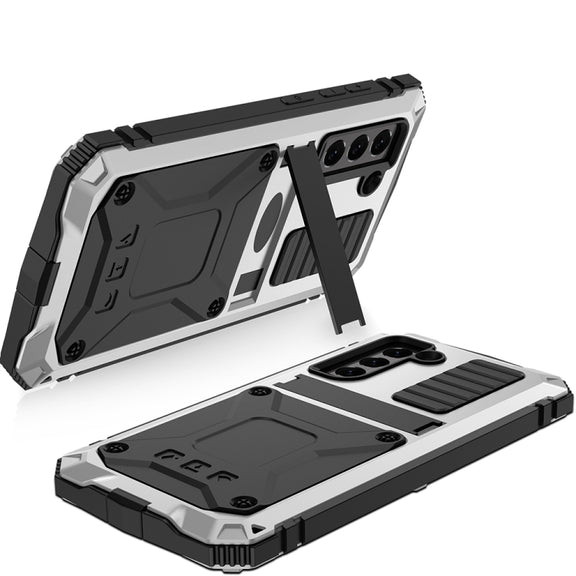 For Samsung Galaxy S21 FE R-JUST Rugged Phone Case with Holder(Silver)