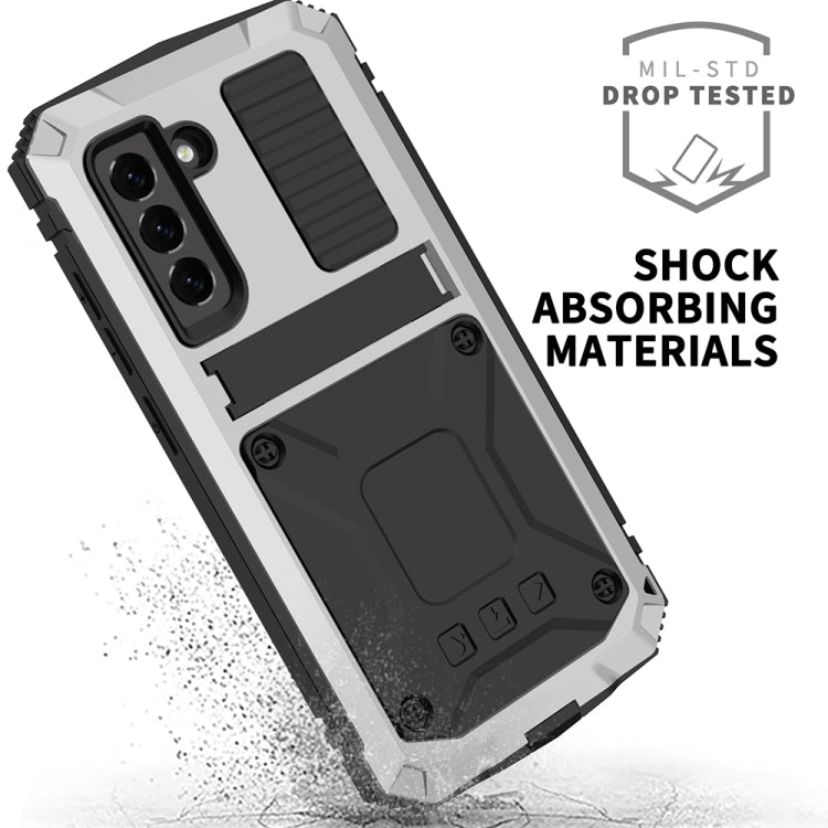 For Samsung Galaxy S21 FE R-JUST Rugged Phone Case with Holder(Silver)