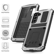 For Samsung Galaxy S21 FE R-JUST Rugged Phone Case with Holder(Silver)