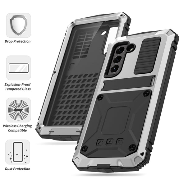 For Samsung Galaxy S21 FE R-JUST Rugged Phone Case with Holder(Silver)