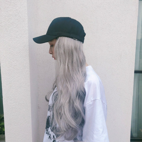 Hat Big Curve Wig One-piece Long Curly Chemical Fiber Headgear for Women(Granny Grey)