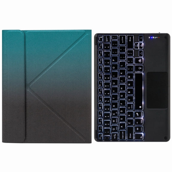 H-097CS Touch Backlight Bluetooth Keyboard Leather Case with Rear Three-fold Holder For iPad 9.7 2018 & 2017(Dark Night Green)