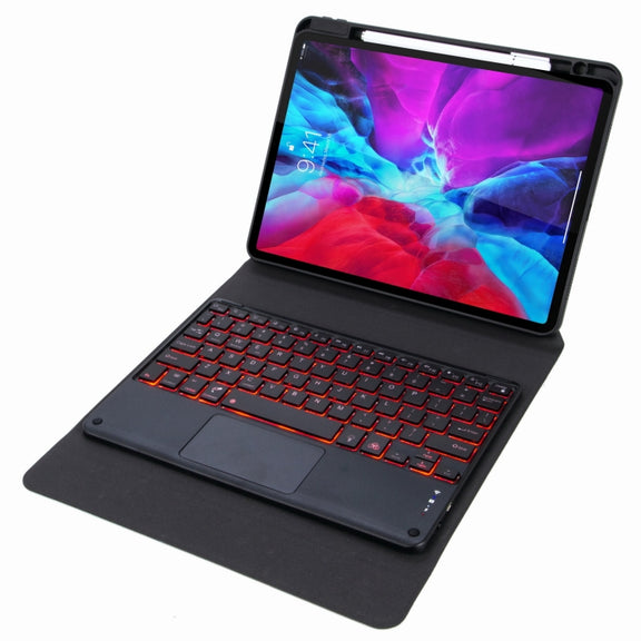 H-097CS Touch Backlight Bluetooth Keyboard Leather Case with Rear Three-fold Holder For iPad 9.7 2018 & 2017(Black)