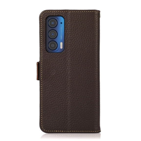 For Motorola Edge 2021 KHAZNEH Side-Magnetic Litchi Genuine Leather RFID Case(Brown)