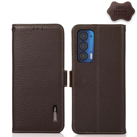 For Motorola Edge 2021 KHAZNEH Side-Magnetic Litchi Genuine Leather RFID Case(Brown)