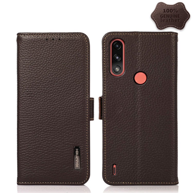 For Motorola Moto E7 Power KHAZNEH Side-Magnetic Litchi Genuine Leather RFID Case(Brown)