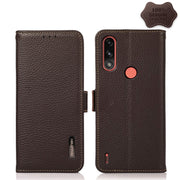 For Motorola Moto E7 Power KHAZNEH Side-Magnetic Litchi Genuine Leather RFID Case(Brown)