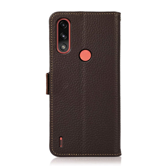 For Motorola Moto E7 Power KHAZNEH Side-Magnetic Litchi Genuine Leather RFID Case(Brown)