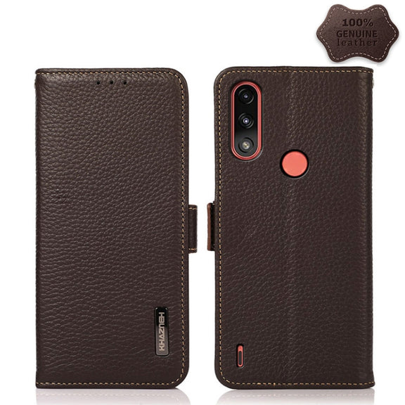 For Motorola Moto E7 Power KHAZNEH Side-Magnetic Litchi Genuine Leather RFID Case(Brown)