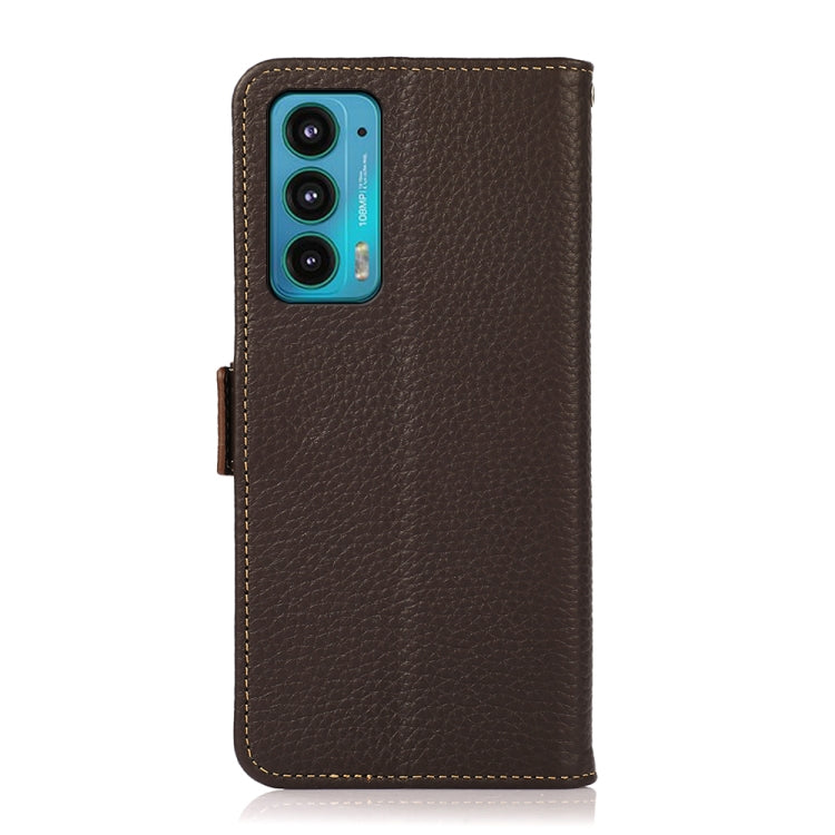 For Motorola Edge 20 KHAZNEH Side-Magnetic Litchi Genuine Leather RFID Case(Brown)