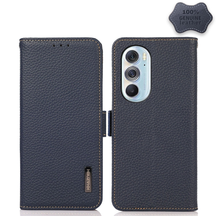 For Motorola Edge X30 KHAZNEH Side-Magnetic Litchi Genuine Leather RFID Case(Blue)