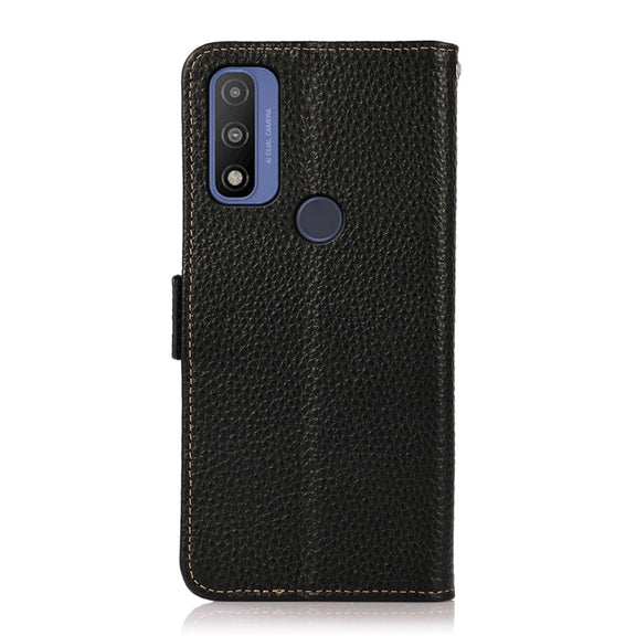 For Motorola G Pure KHAZNEH Side-Magnetic Litchi Genuine Leather RFID Case(Black)