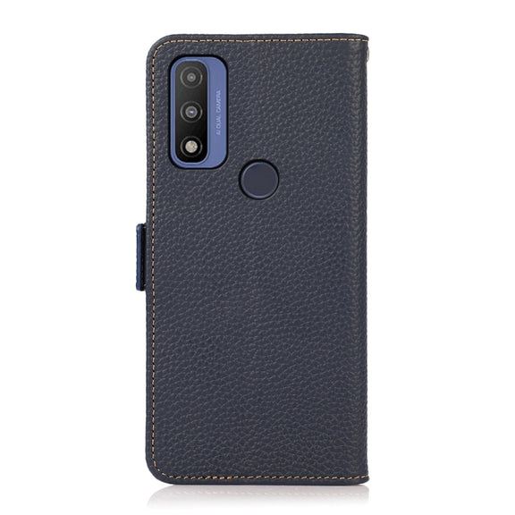 For Motorola G Pure KHAZNEH Side-Magnetic Litchi Genuine Leather RFID Case(Blue)