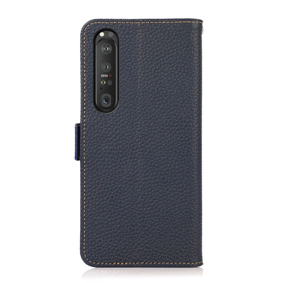 For Sony Xperia 1 III KHAZNEH Side-Magnetic Litchi Genuine Leather RFID Case(Blue)