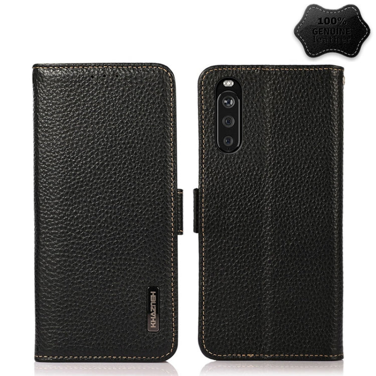 For Sony Xperia 10 III KHAZNEH Side-Magnetic Litchi Genuine Leather RFID Case(Black)