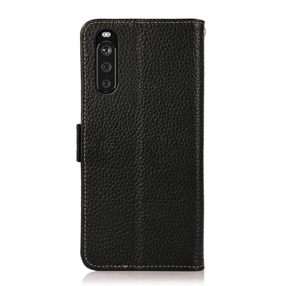 For Sony Xperia 10 III KHAZNEH Side-Magnetic Litchi Genuine Leather RFID Case(Black)