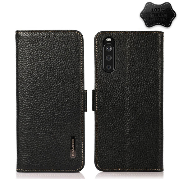 For Sony Xperia 10 III KHAZNEH Side-Magnetic Litchi Genuine Leather RFID Case(Black)