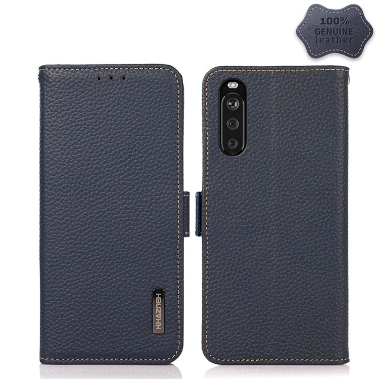 For Sony Xperia 10 III KHAZNEH Side-Magnetic Litchi Genuine Leather RFID Case(Blue)