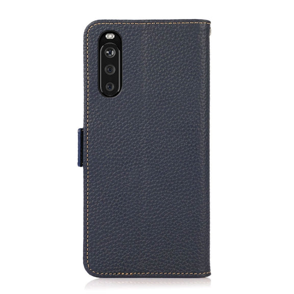 For Sony Xperia 10 III KHAZNEH Side-Magnetic Litchi Genuine Leather RFID Case(Blue)