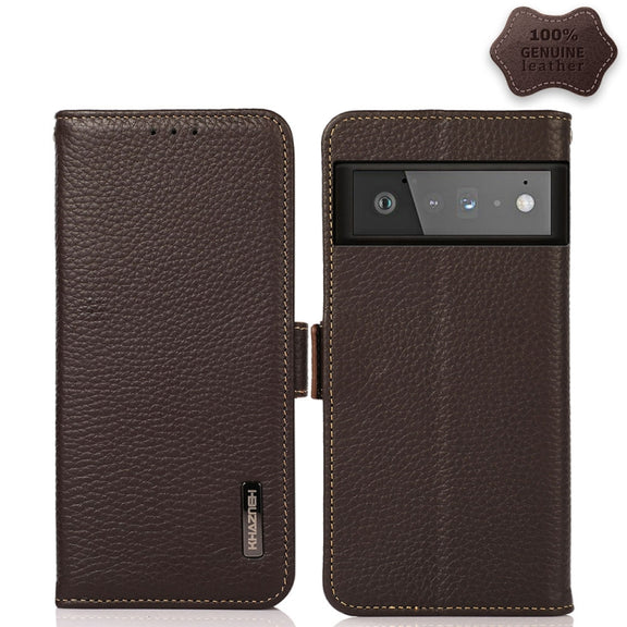For Google Pixel 6 Pro KHAZNEH Side-Magnetic Litchi Genuine Leather RFID Case(Brown)