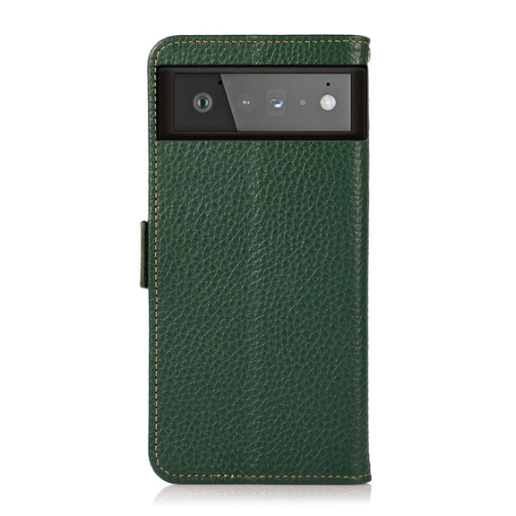 For Google Pixel 6 KHAZNEH Side-Magnetic Litchi Genuine Leather RFID Case(Green)