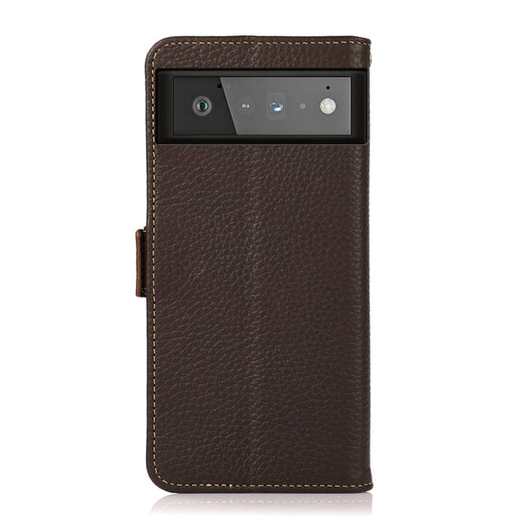 For Google Pixel 6 KHAZNEH Side-Magnetic Litchi Genuine Leather RFID Case(Brown)