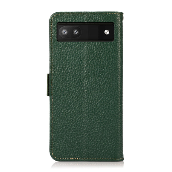 For Google Pixel 6a KHAZNEH Side-Magnetic Litchi Genuine Leather RFID Case(Green)