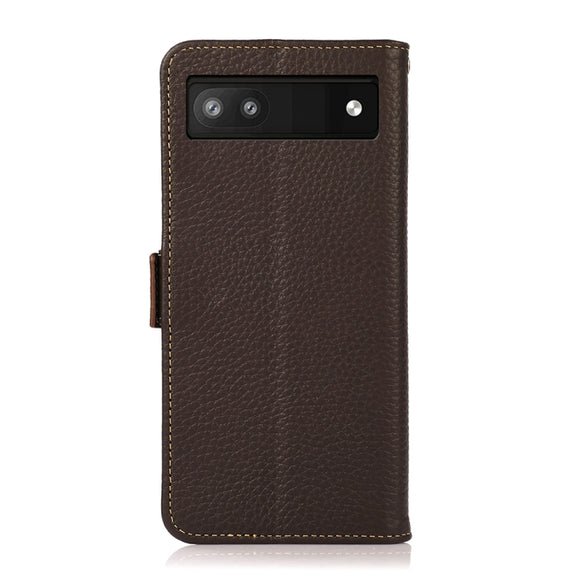 For Google Pixel 6a KHAZNEH Side-Magnetic Litchi Genuine Leather RFID Case(Brown)