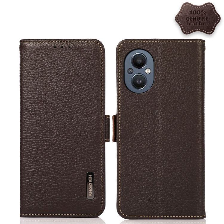 For OnePlus N20 5G KHAZNEH Side-Magnetic Litchi Genuine Leather RFID Phone Case(Brown)