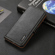 For OnePlus 9 KHAZNEH Side-Magnetic Litchi Genuine Leather RFID Phone Case(Black)