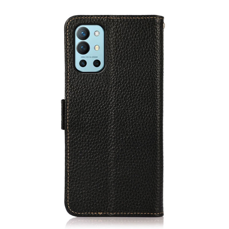 For OnePlus 9R KHAZNEH Side-Magnetic Litchi Genuine Leather RFID Phone Case(Black)