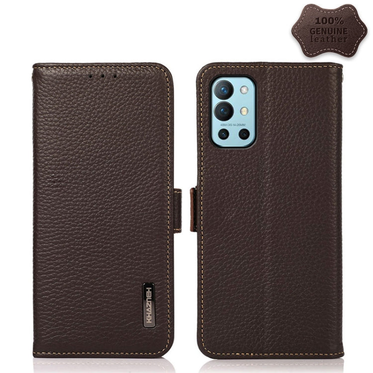 For OnePlus 9R KHAZNEH Side-Magnetic Litchi Genuine Leather RFID Phone Case(Brown)